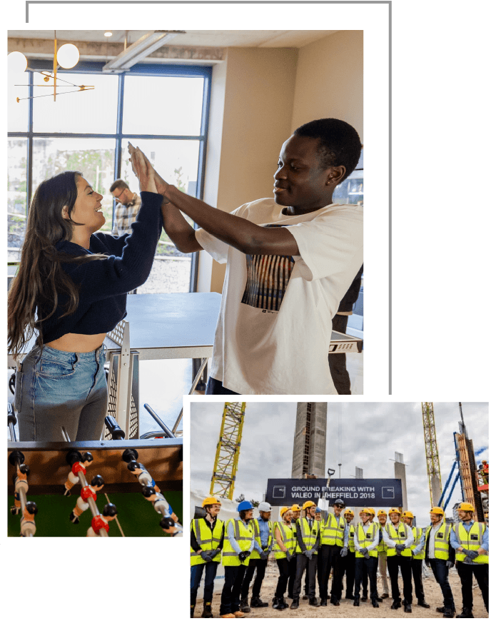 Dos jóvenes se chocan las manos y personal ejecutivo revisando una obra